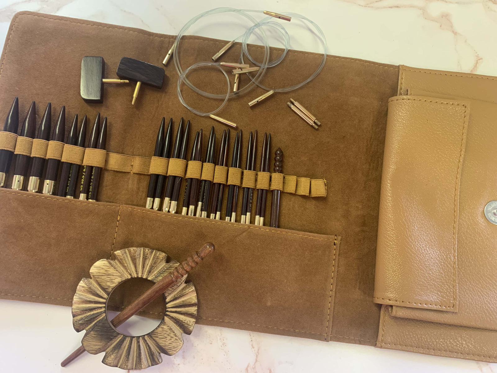 Premium 5 inch Rosewood Interchangeable Circular Knitting Needle Set | Leather Case (29 Piece Set)